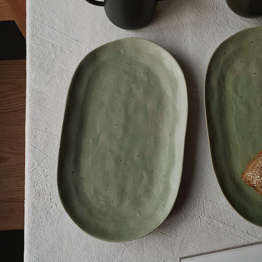 Ceramic underglaze natural olive irregular ellipse serving platter 30x18cm