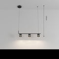 A 3 head Modern Black Pendant light mounted to the ceiling in an indoor setting. Length from ceiling to bottom of light is 120cm