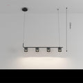 A 4 head Modern Black Pendant light mounted to the ceiling in an indoor setting. Length from ceiling to bottom of light is 120cm