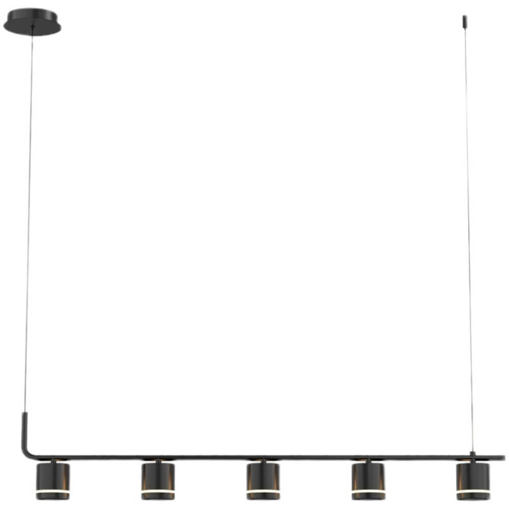 A ceiling mount 5 head Modern Black Pendant light with a white background