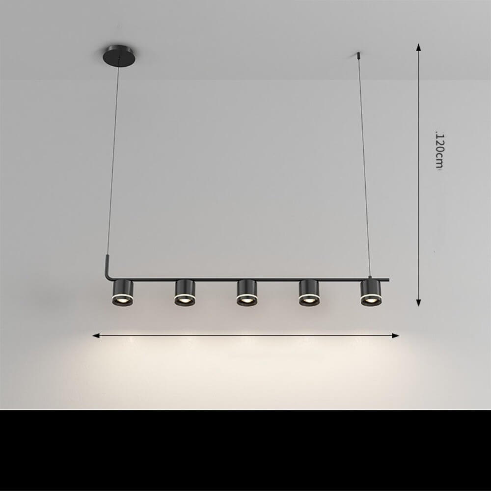 A 5 head Modern Black Pendant light mounted to the ceiling in an indoor setting. Length from ceiling to bottom of light is 120cm