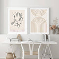 2 modern abstract Scandinavian art painting posters in an office style indoor setting