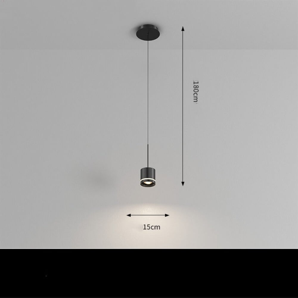 A single head Modern Black Pendant light mounted to the ceiling in an indoor setting. Dimensions of 180cm X 15cm